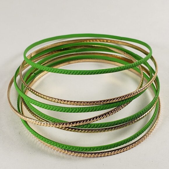Set of 8  Gold-Tone & Green Dainty Bangle Bracelets - Women's Fashion Jewelry - Picture 3 of 5